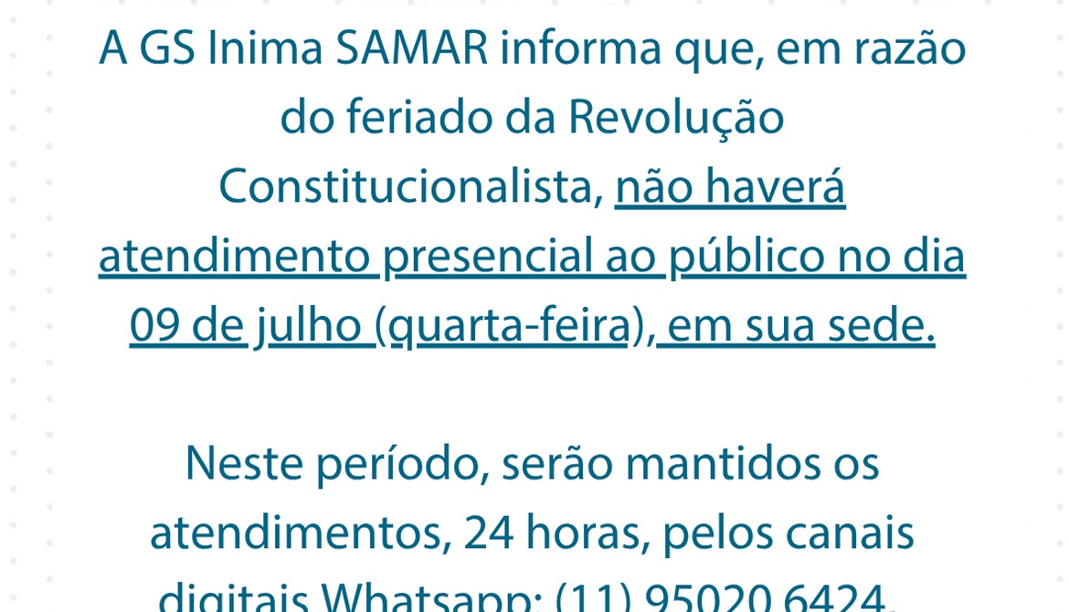 Comunicado sobre atendimento no feriado de 9 de Julho