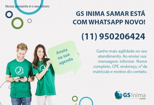 GS Inima SAMAR disponibiliza novo número para atendimento via WhatsApp